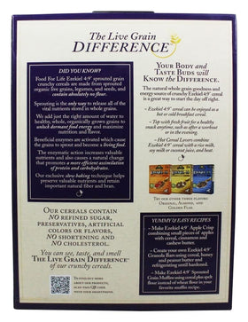 Food for Life Ezekiel Cinnamon Raisin cereal packaging case of 6 on shelf.