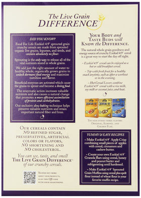 Food for Life Ezekiel cereal with sprouted grains and cinnamon raisins as star ingredients.