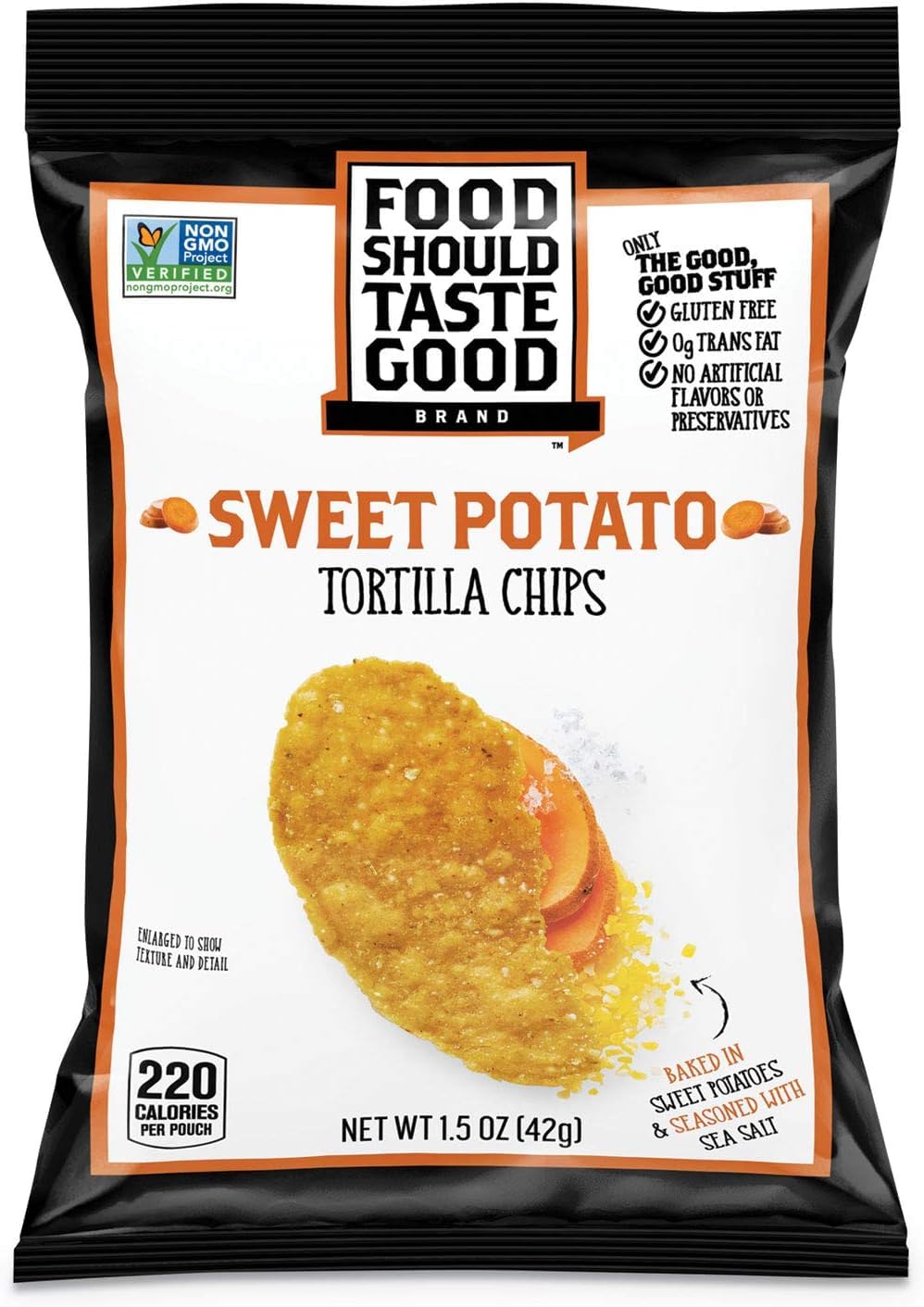 Food Should Taste Good Sweet Potato Tortilla Chips 24-pack, crisp and wholesome snack.