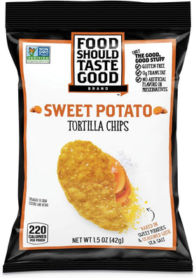 Food Should Taste Good Sweet Potato Tortilla Chips 24-pack, crisp and wholesome snack.