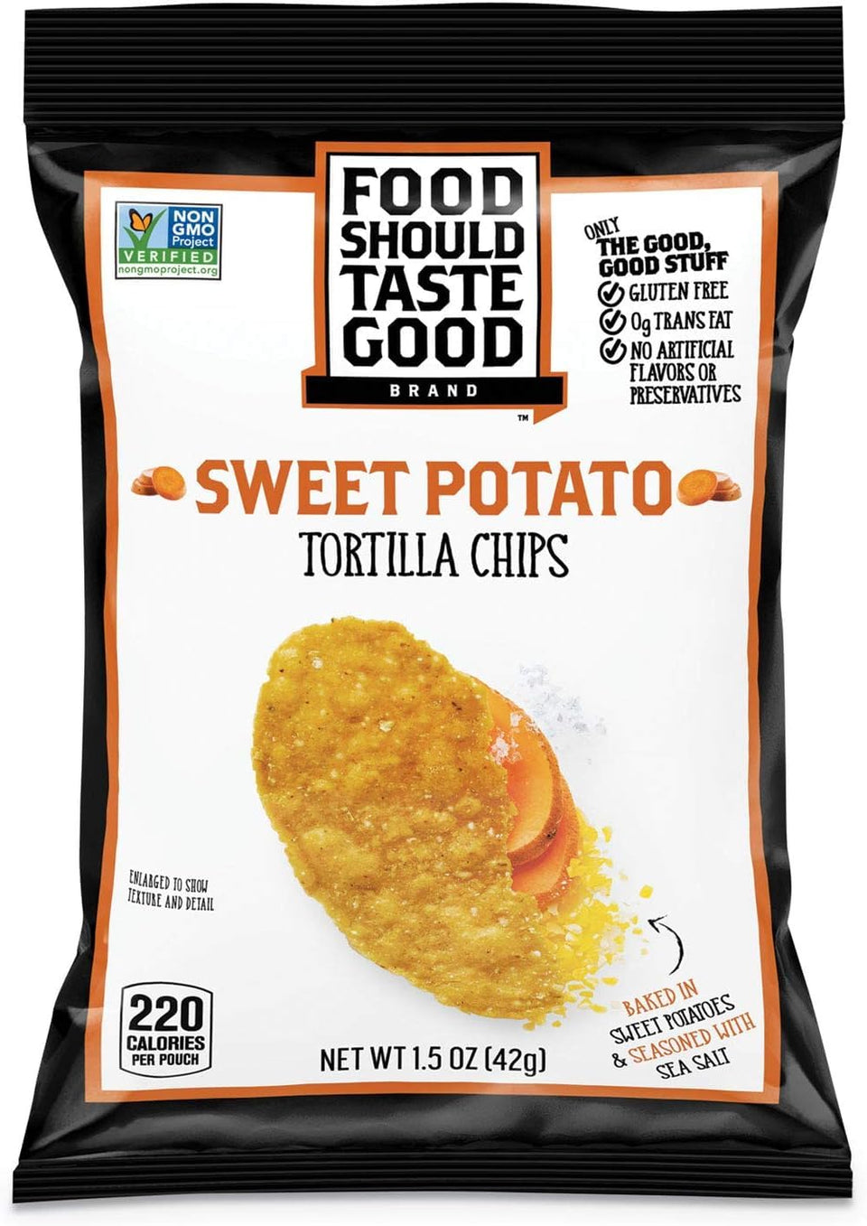 Food Should Taste Good Sweet Potato Tortilla Chips 24-pack, crisp and wholesome snack.