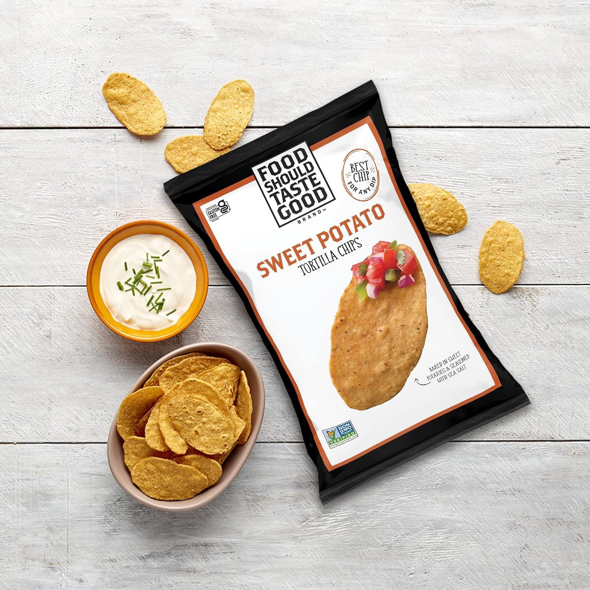 Food Should Taste Good chips ingredients highlight real sweet potatoes and sea salt.