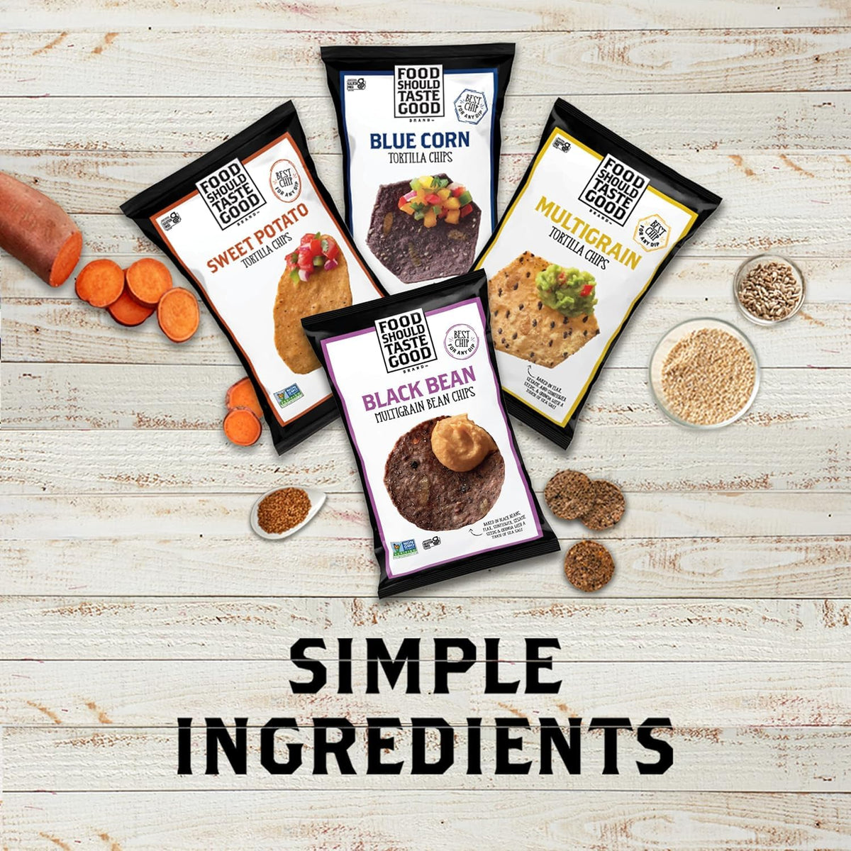 Food Should Taste Good vegan and gluten-free chips labeled non-GMO and kosher.