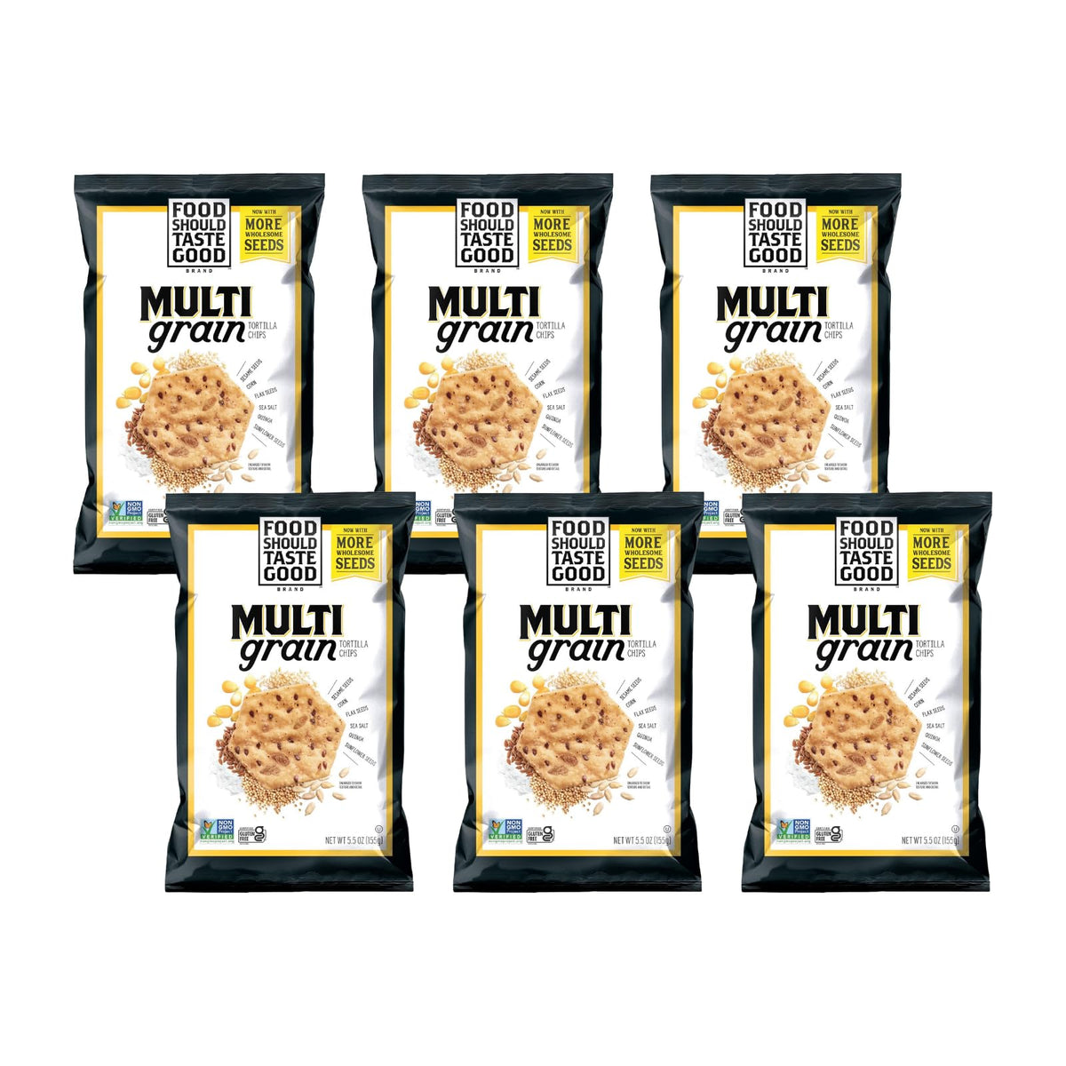 Food Should Taste Good Tortilla Chips Multigrain bag showcases gluten-free and Non-GMO goodness.