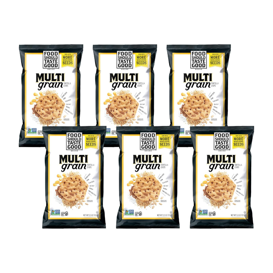 Food Should Taste Good Tortilla Chips Multigrain bag showcases gluten-free and Non-GMO goodness.