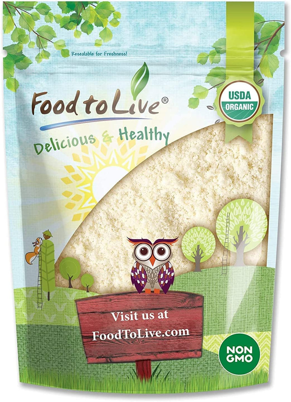 Food to Live almond flour bag front, premium organic blanched almonds for gluten-free baking.