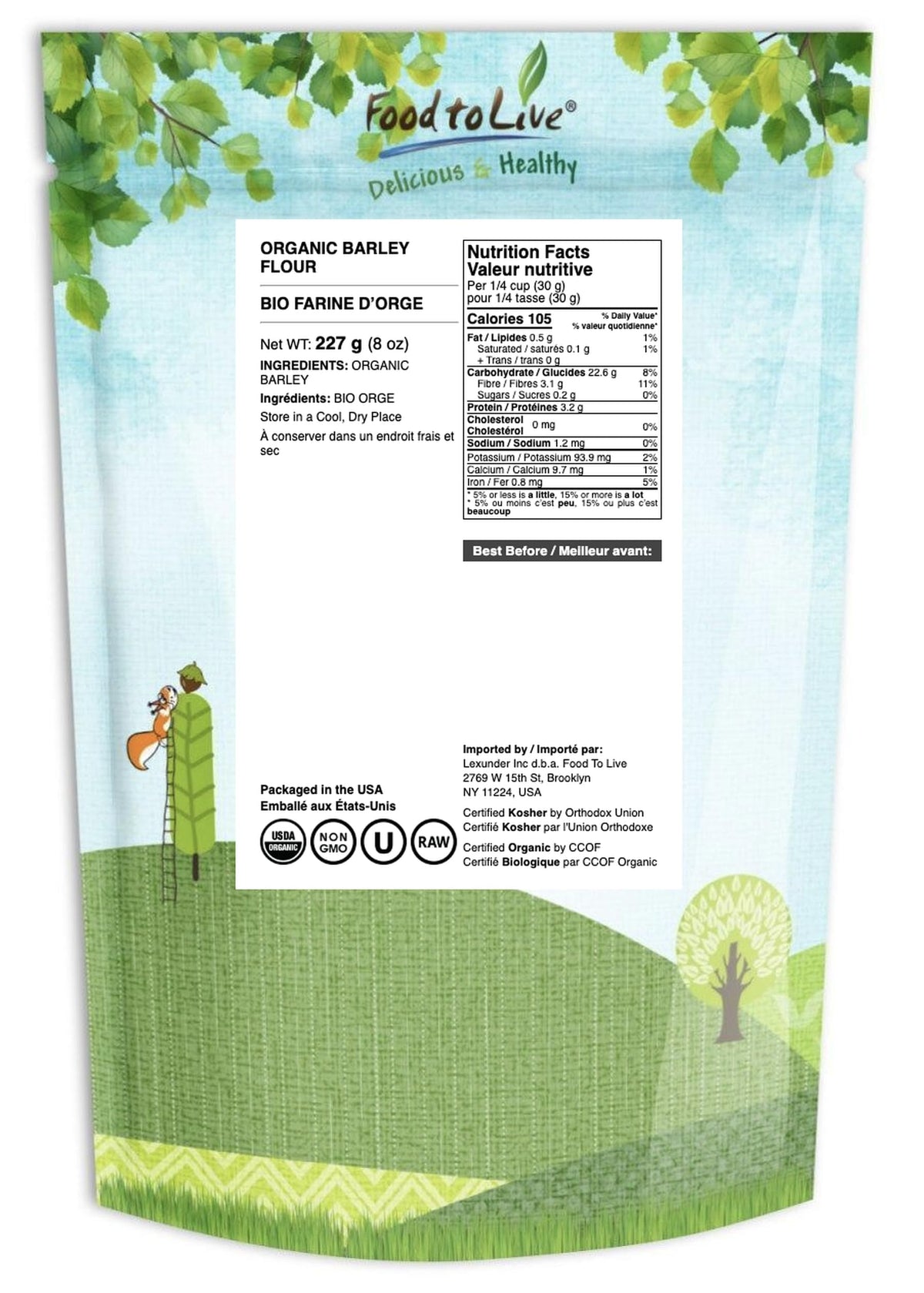 Food to Live barley flour cup measure shows precise portioning for fiber-rich results.