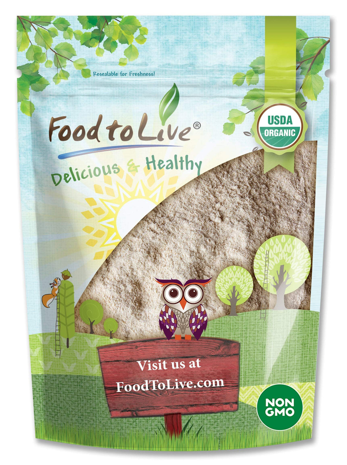 Food to Live barley flour front packaging reveals organic, non-GMO flour for clean baking.