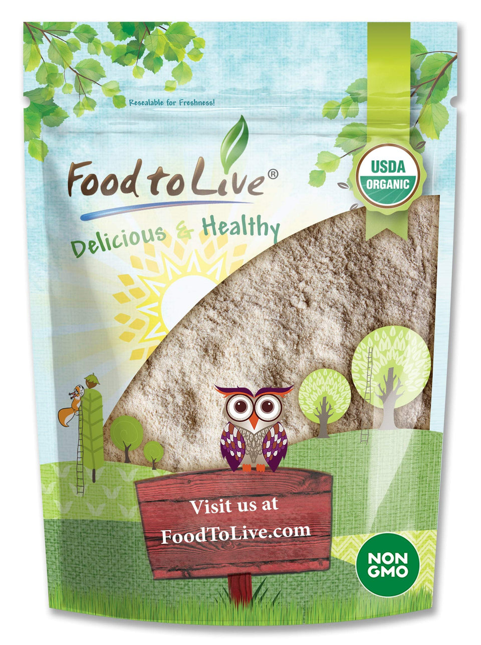 Food to Live barley flour front packaging reveals organic, non-GMO flour for clean baking.