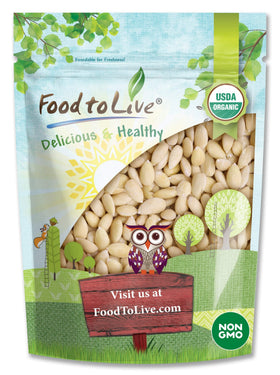 Food to Live blanched almonds in bag showing smooth texture and clean ingredients for snacks
