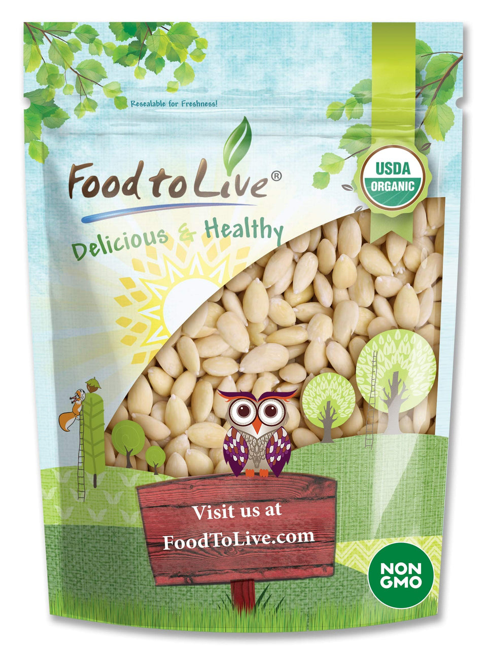 Food to Live blanched almonds in bag showing smooth texture and clean ingredients for snacks