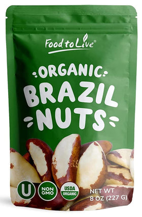 Food to Live Organic Brazil nuts in an 8-ounce bag, ready for quick snacking.