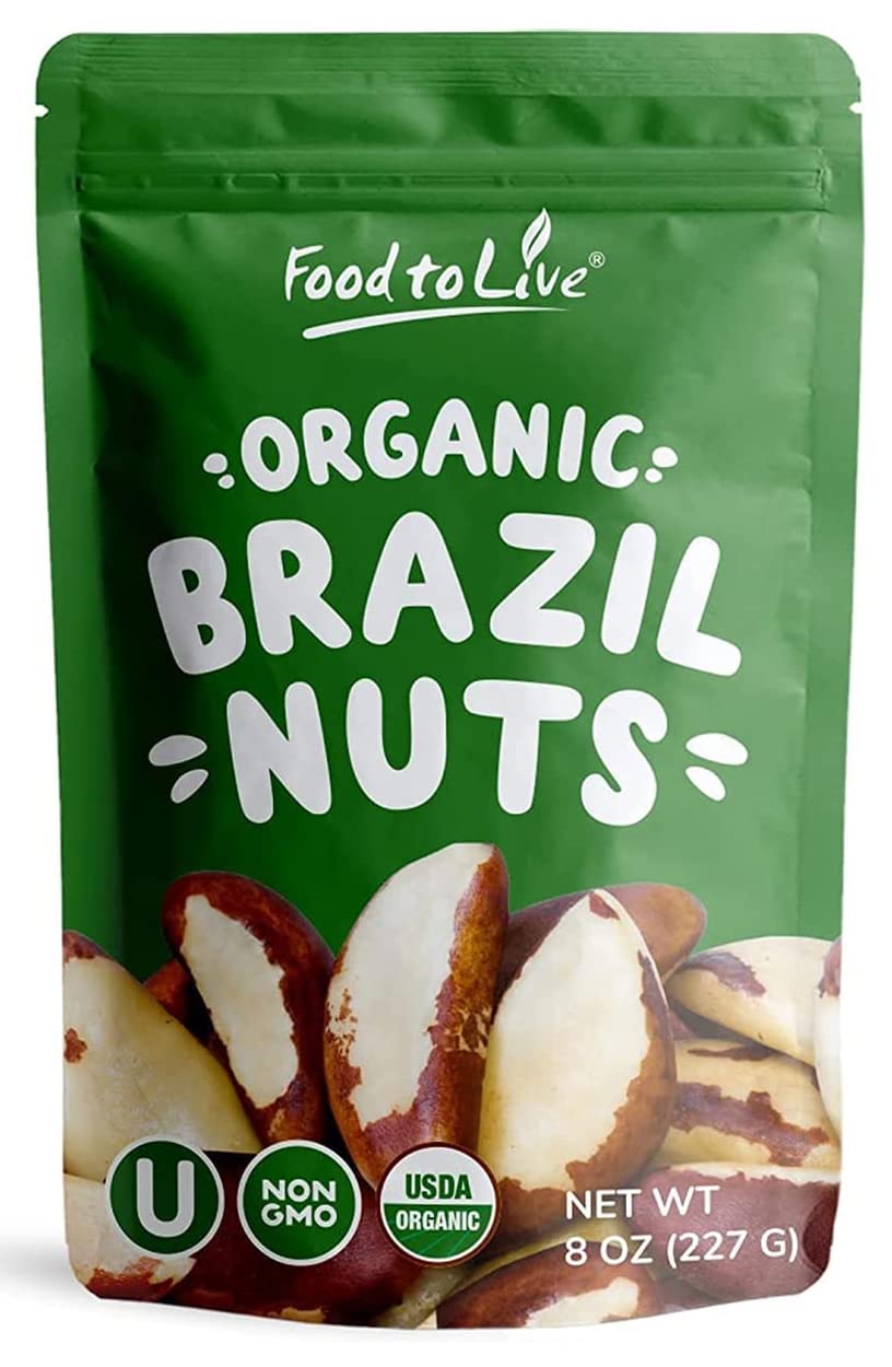Food to Live Organic Brazil nuts in an 8-ounce bag, ready for quick snacking.