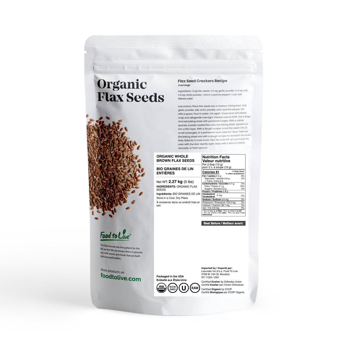 Food to Live whole flax seeds close-up, showing natural texture for salads and cereals.