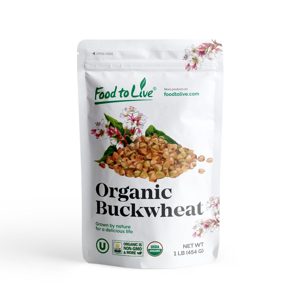 Food to Live buckwheat groats packaging highlighting organic quality for healthy meals.