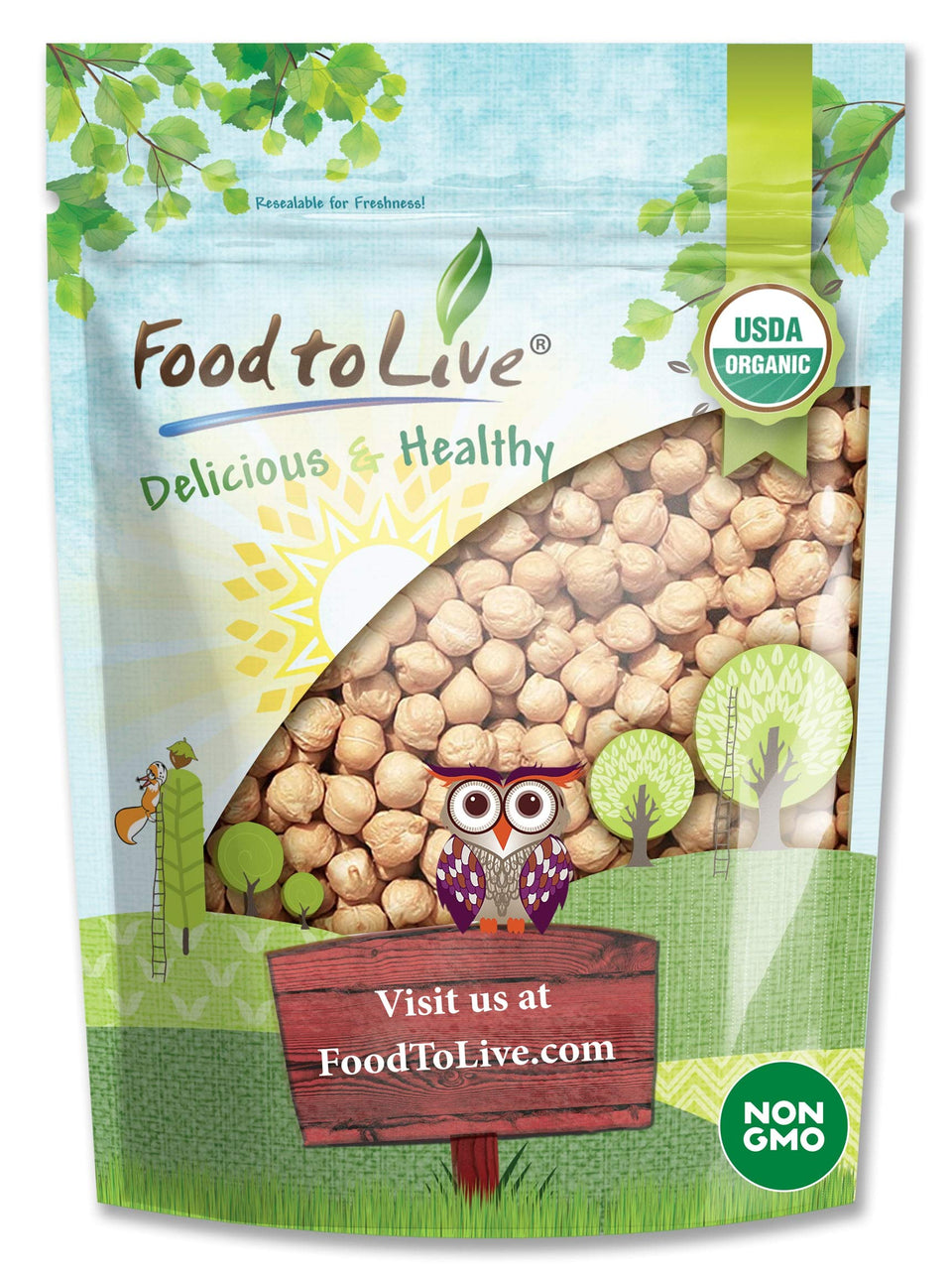 Food to Live garbanzo beans bag, organic and non-GMO for versatile vegan meals.
