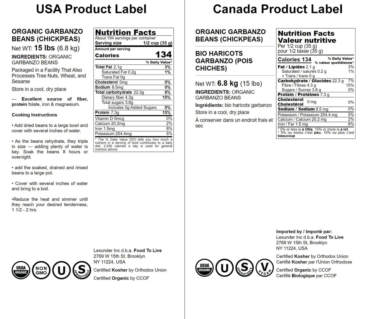 Food to Live garbanzo beans non-GMO and Kosher for clean ingredients