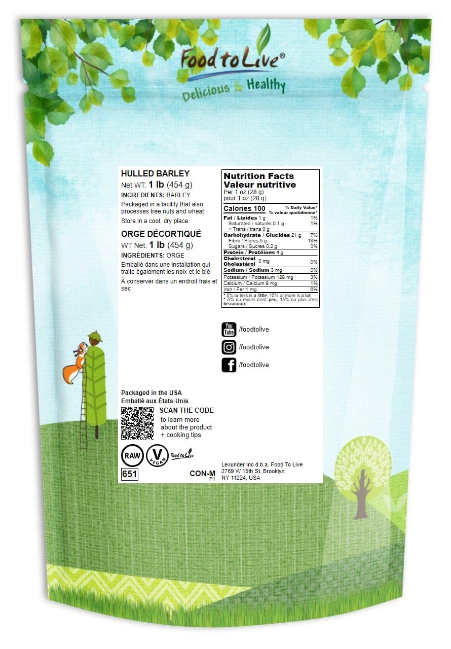 Food to Live hulled barley grain close-up showing chewy texture ideal for soups and salads.