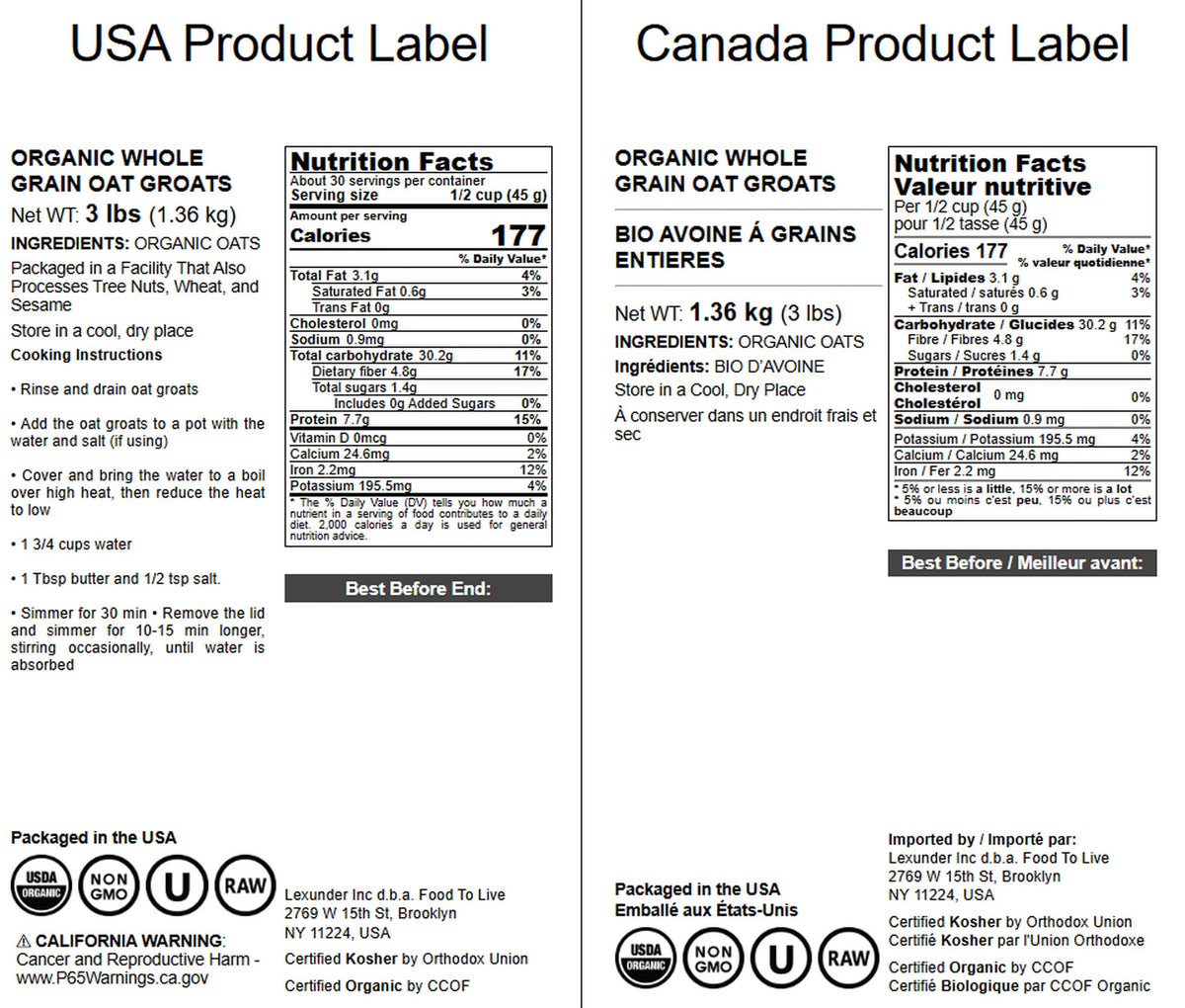 Food to Live Oat Groats on pantry shelf showcasing organic, Non-GMO packaging.