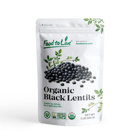 Food to Live Organic Black Lentils in a measuring cup showing bulk pack texture and color