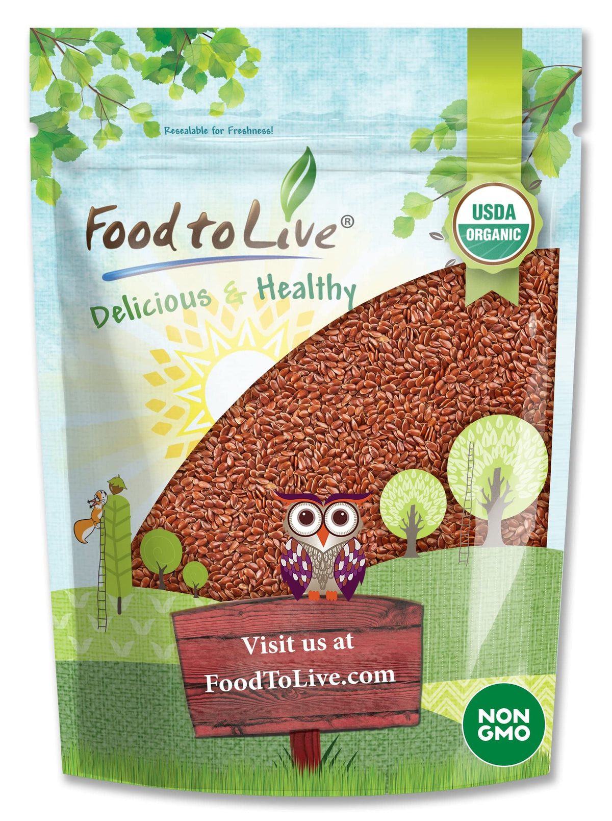 Food to Live Organic Brown Flax Seeds 1lb package, adds omega-3 and fiber to meals.