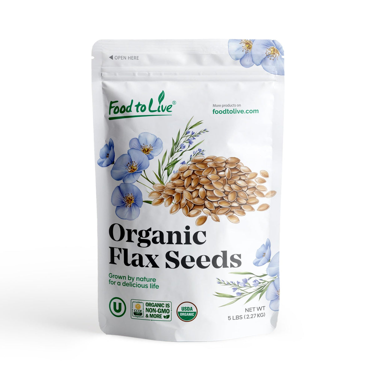 Food to Live organic brown flax seeds 5lb bag, ideal for daily baking and smoothies.