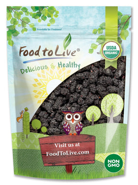 Food to Live organic dried black mulberries front packaging, a nutrient-dense snack.