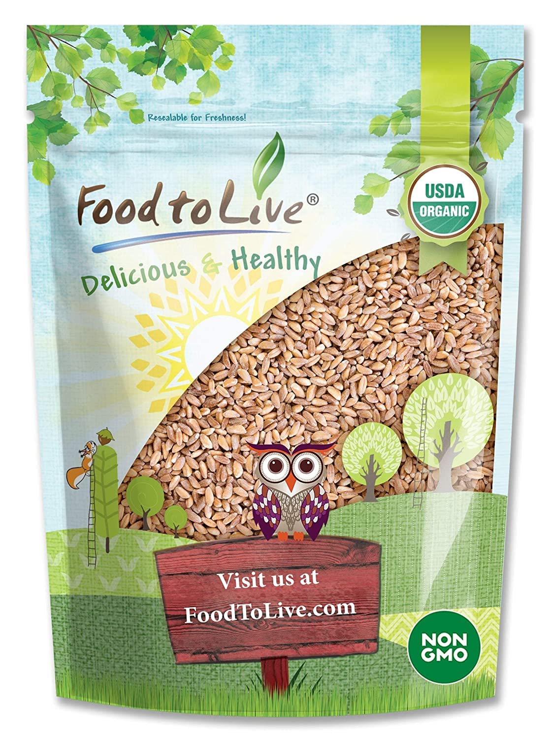 Food to Live Organic Italian Pearled Farro bag on shelf, a versatile fiber-rich grain.