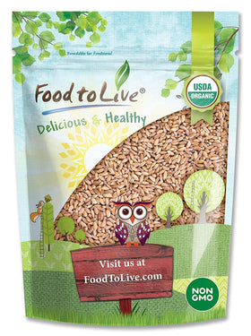 Food to Live Organic Italian Pearled Farro bag on shelf, a versatile fiber-rich grain.