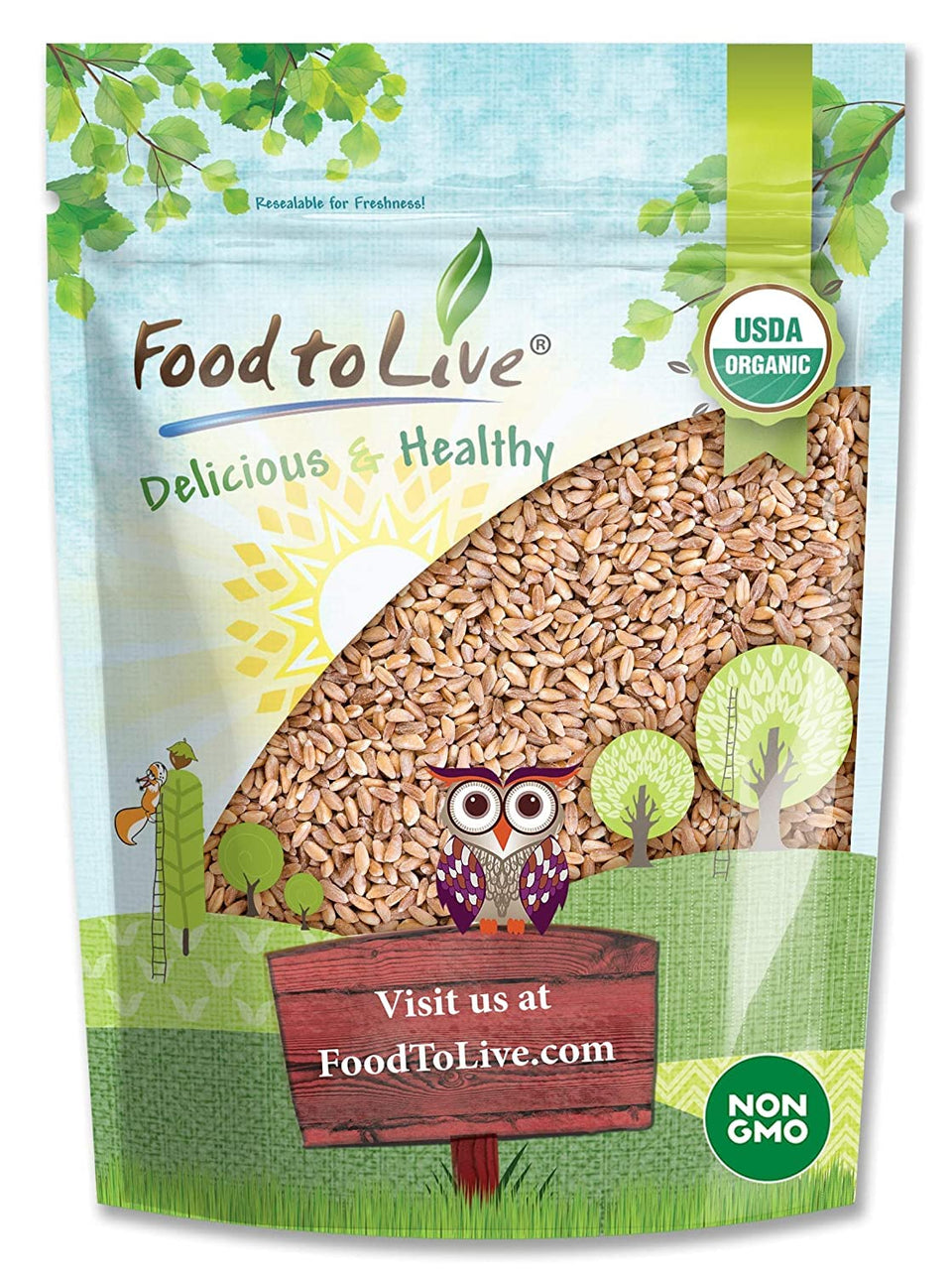 Food to Live Organic Italian Pearled Farro bag on shelf, a versatile fiber-rich grain.