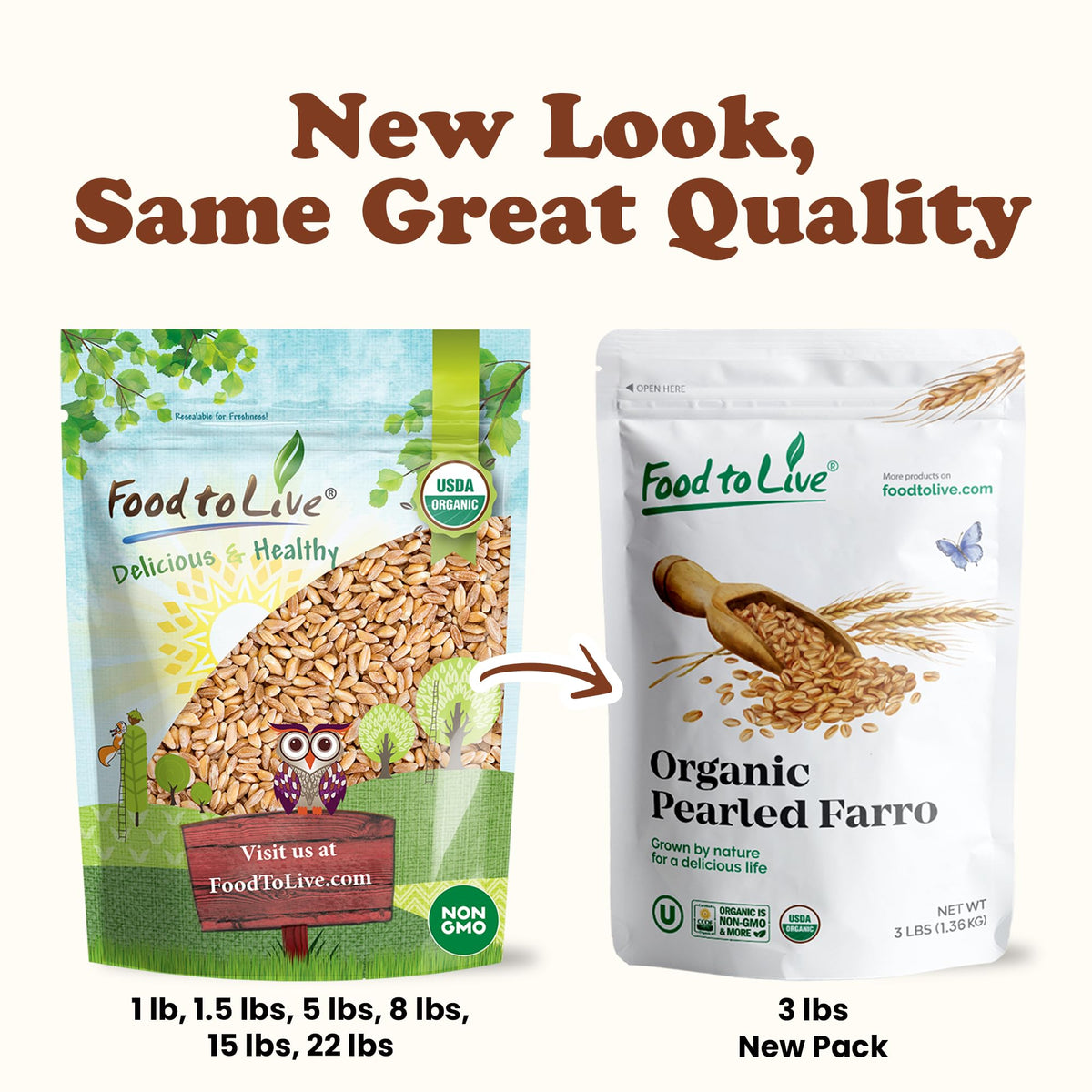 Food to Live farro measure cups with grains, portion-control cooking.
