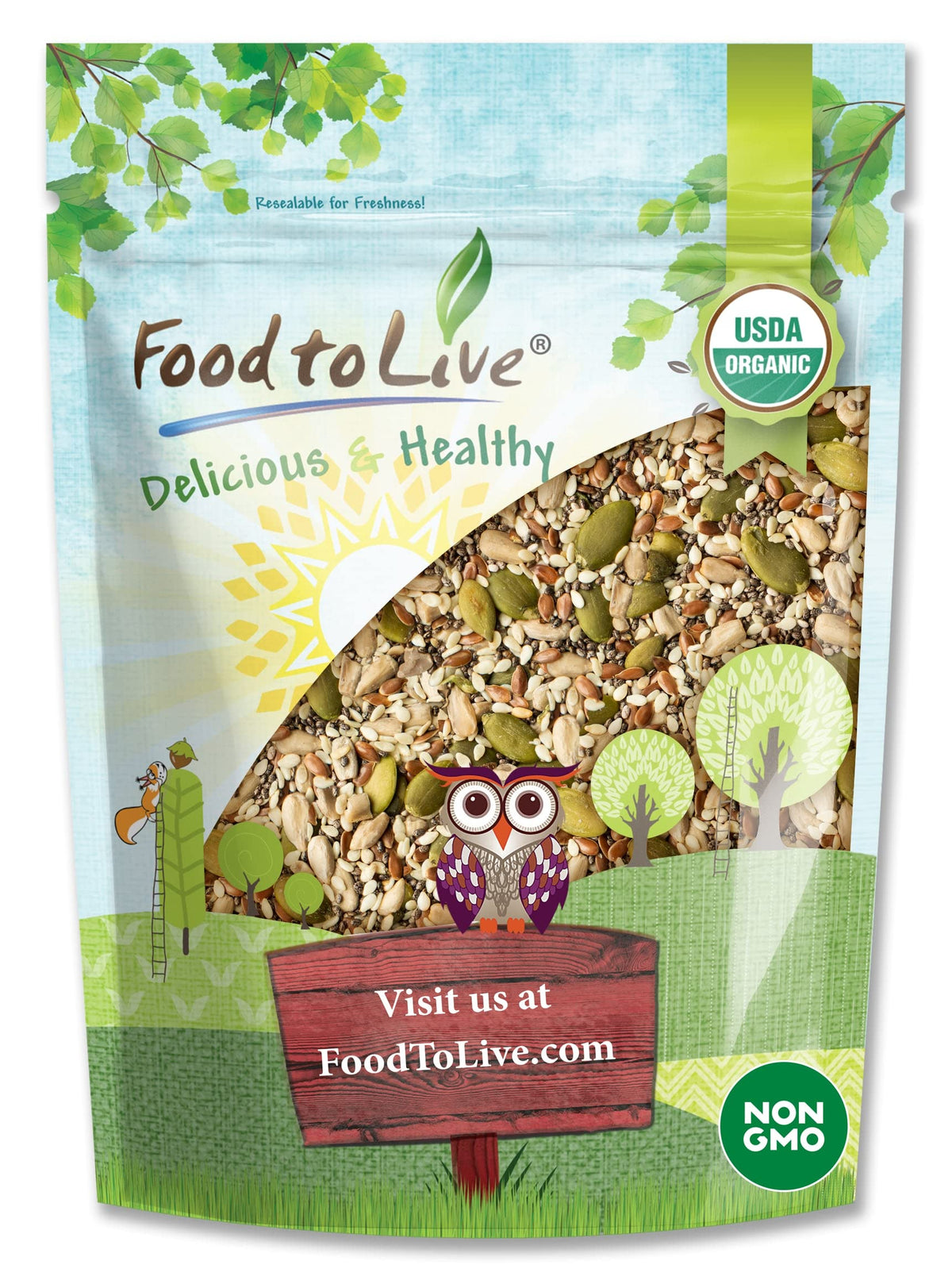 Food to Live Organic Super 5 Seeds Mix packaging front, bulk bag for keto-friendly meals