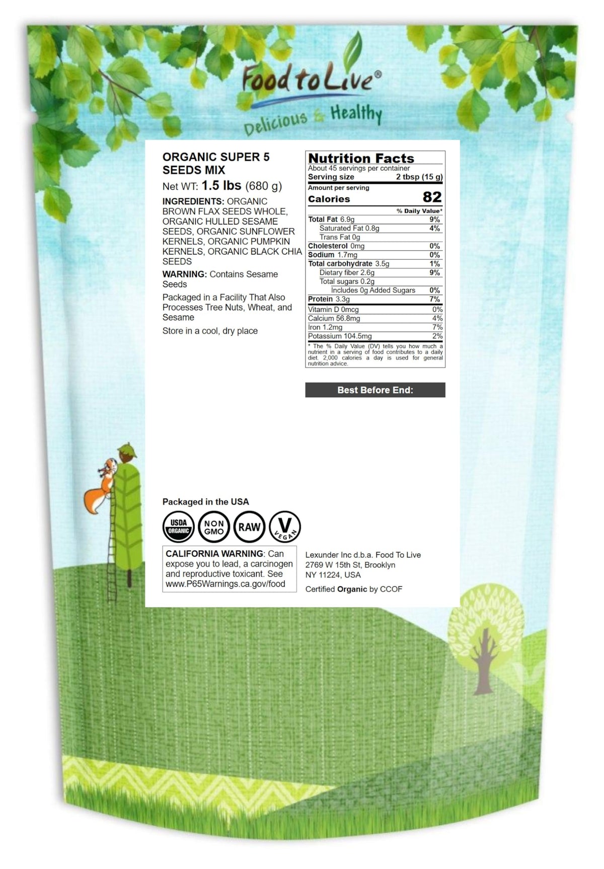 Food to Live Organic Super 5 Seeds Mix on spoon shows fiber-packed, protein-rich option