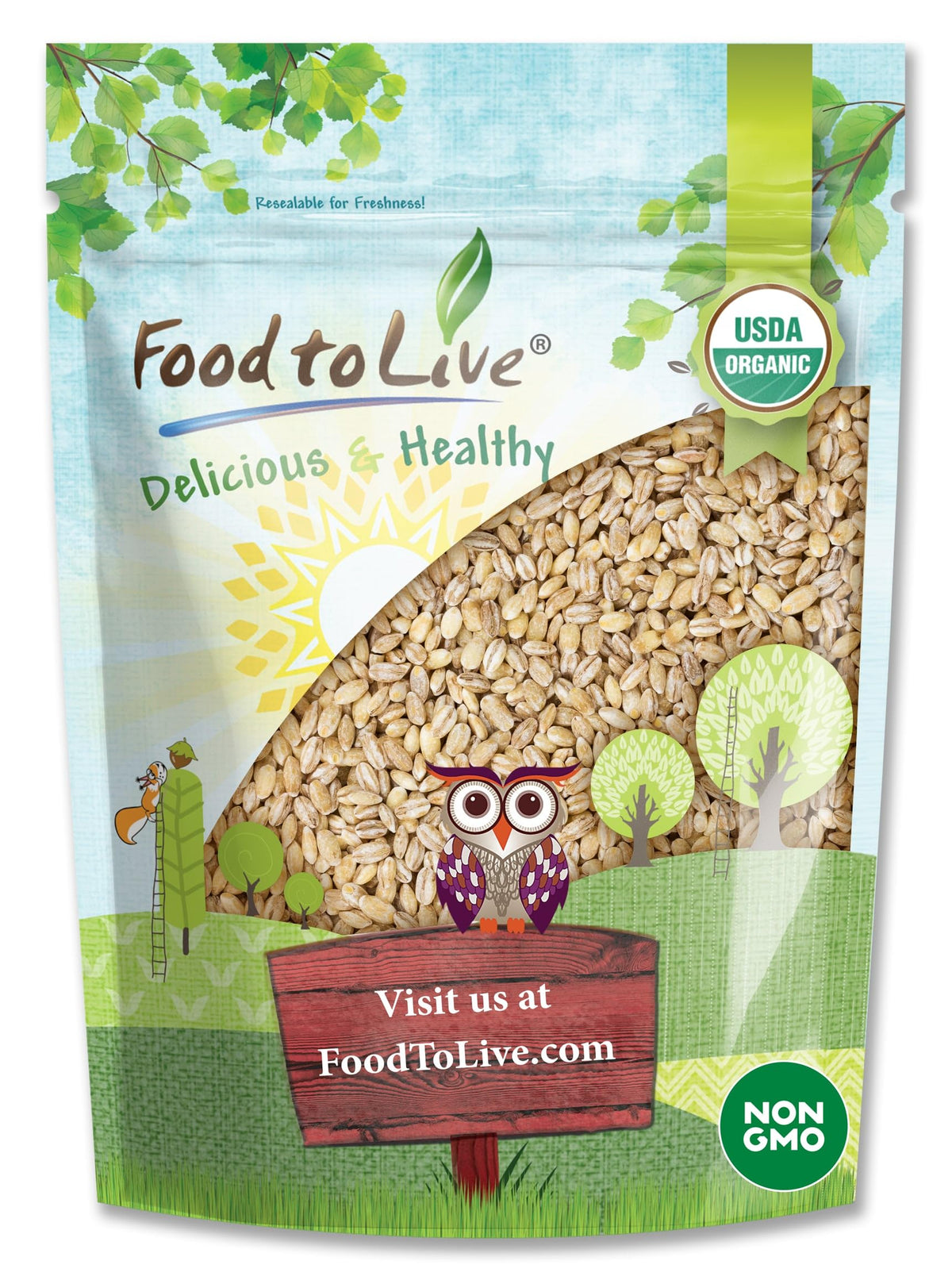 Food to Live Organic Pearl Barley bag closeup showing textured grains and quality