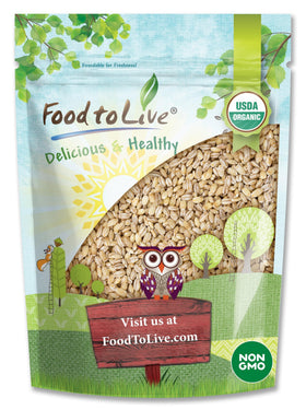 Food to Live Organic Pearl Barley bag closeup showing textured grains and quality
