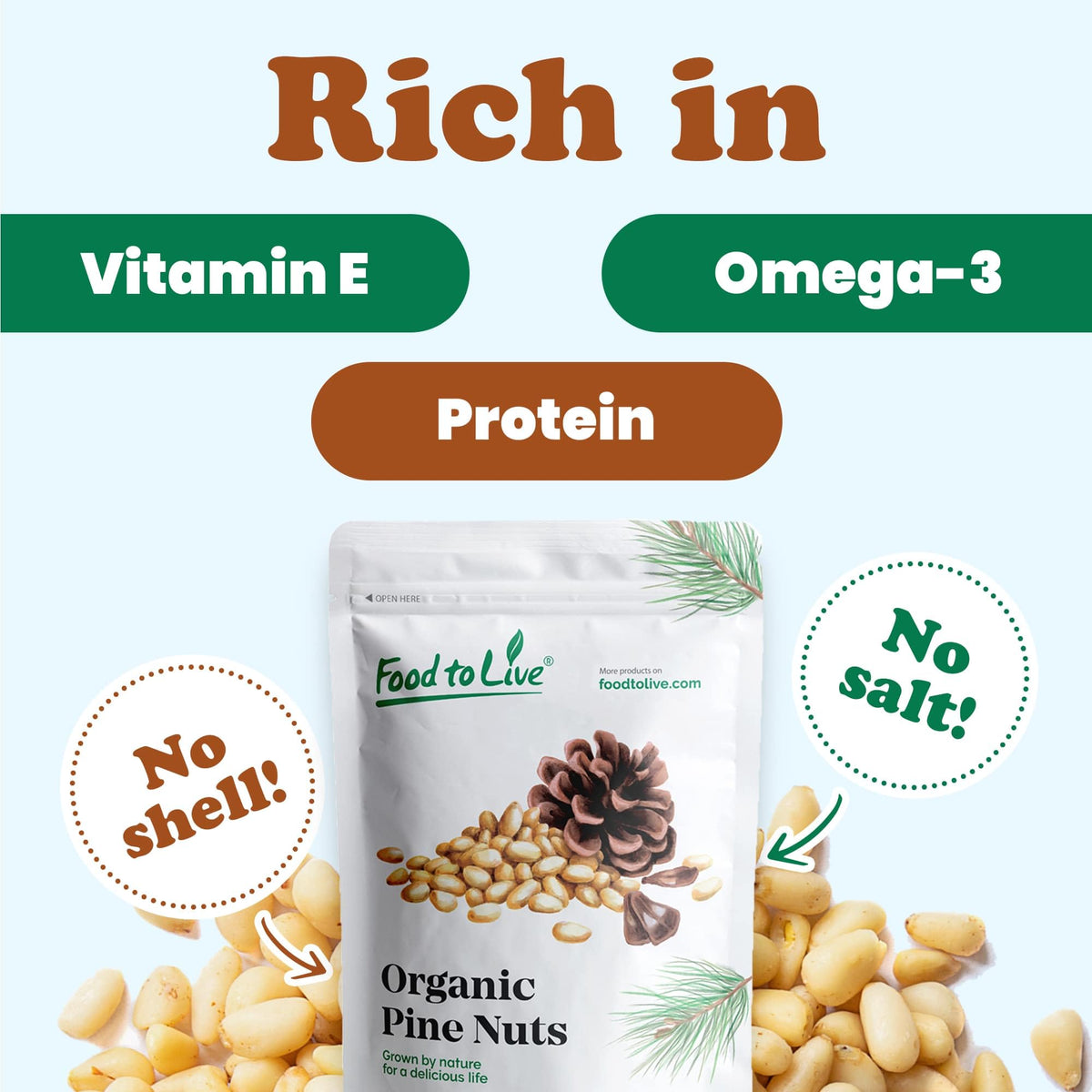 Food to Live pine nuts add vibrant pesto flavor to sauces.