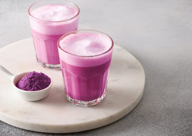 Food to Live purple sweet potato powder mixed into batter for baked color