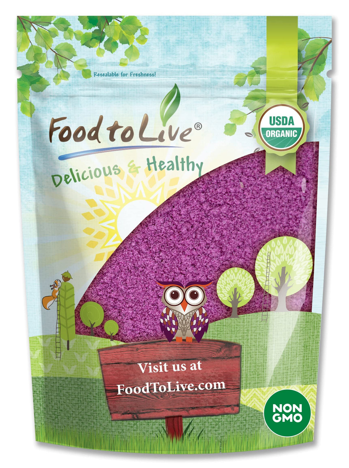 Food to Live purple sweet potato powder packaging on pantry shelf for bulk kitchen use