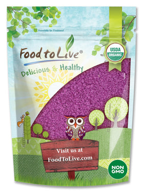Food to Live purple sweet potato powder packaging on pantry shelf for bulk kitchen use