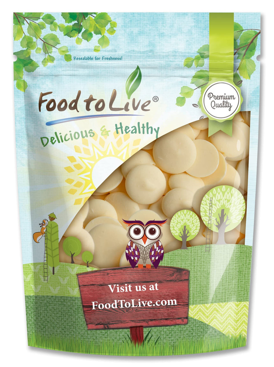 Food to Live cacao butter wafers packaging; kosher, raw fat for vegan cooking.
