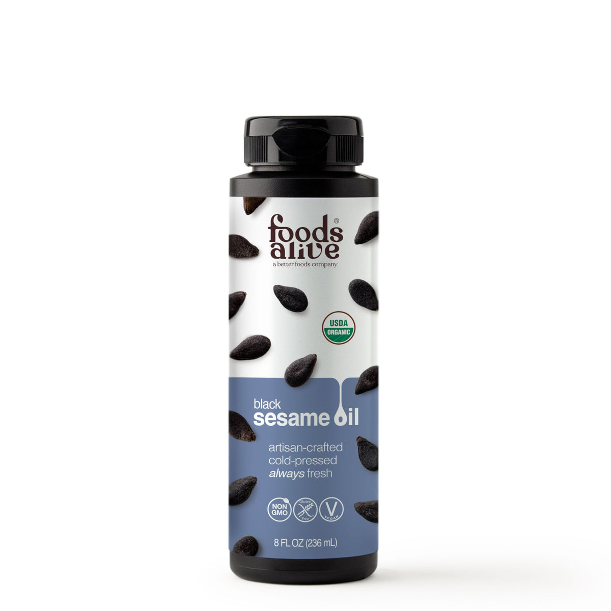 Foods Alive Black Sesame Oil bottle front for dressings and flavoring