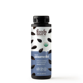 Foods Alive Black Sesame Oil bottle front for dressings and flavoring