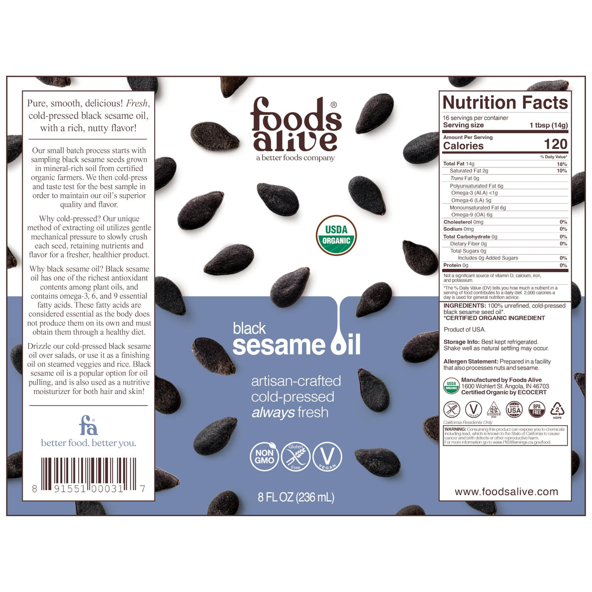 Foods Alive Black Sesame Oil bottle pour adds a creamy, nutty finish