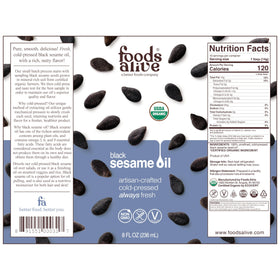 Foods Alive Black Sesame Oil bottle pour adds a creamy, nutty finish