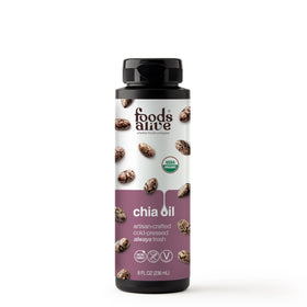 Foods Alive Organic Chia Oil bottle showing omega-3 richness for meals.