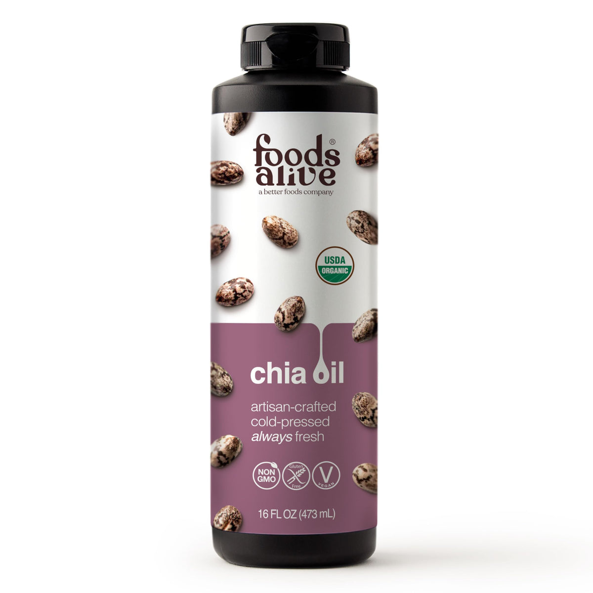 Foods Alive chia oil bottle—cold-pressed oil ideal for dressings and skin care.