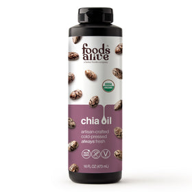 Foods Alive chia oil bottle—cold-pressed oil ideal for dressings and skin care.