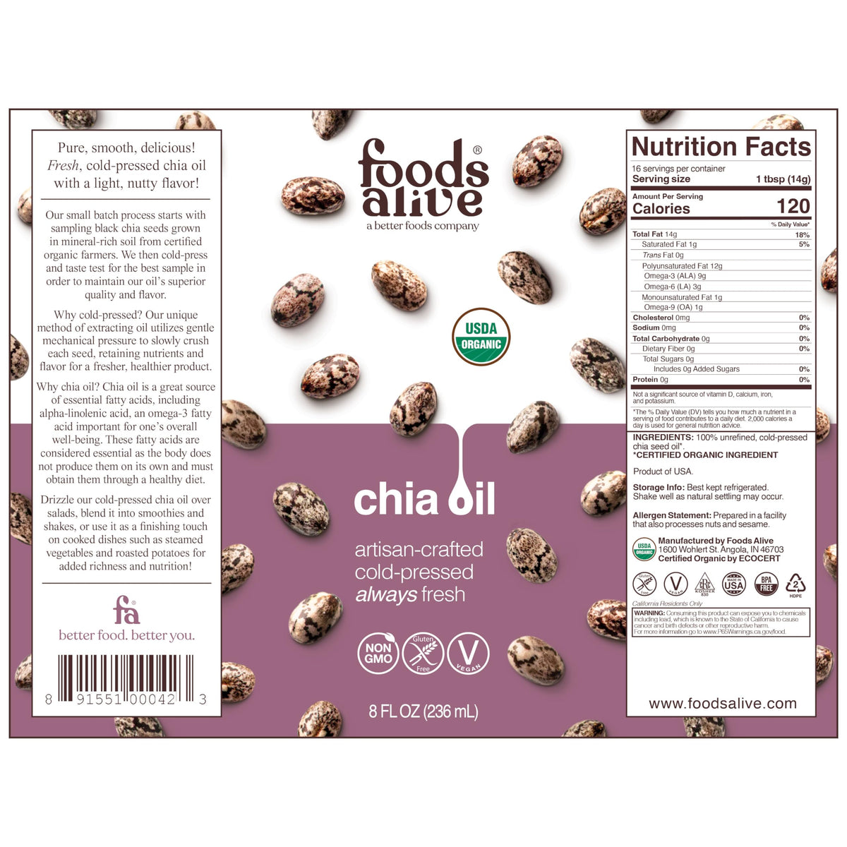 Foods Alive Chia Oil pour illustrating massage and skincare use.