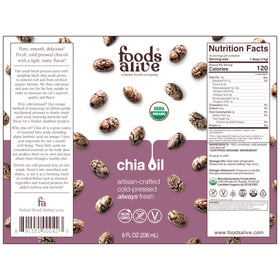 Foods Alive Chia Oil pour illustrating massage and skincare use.