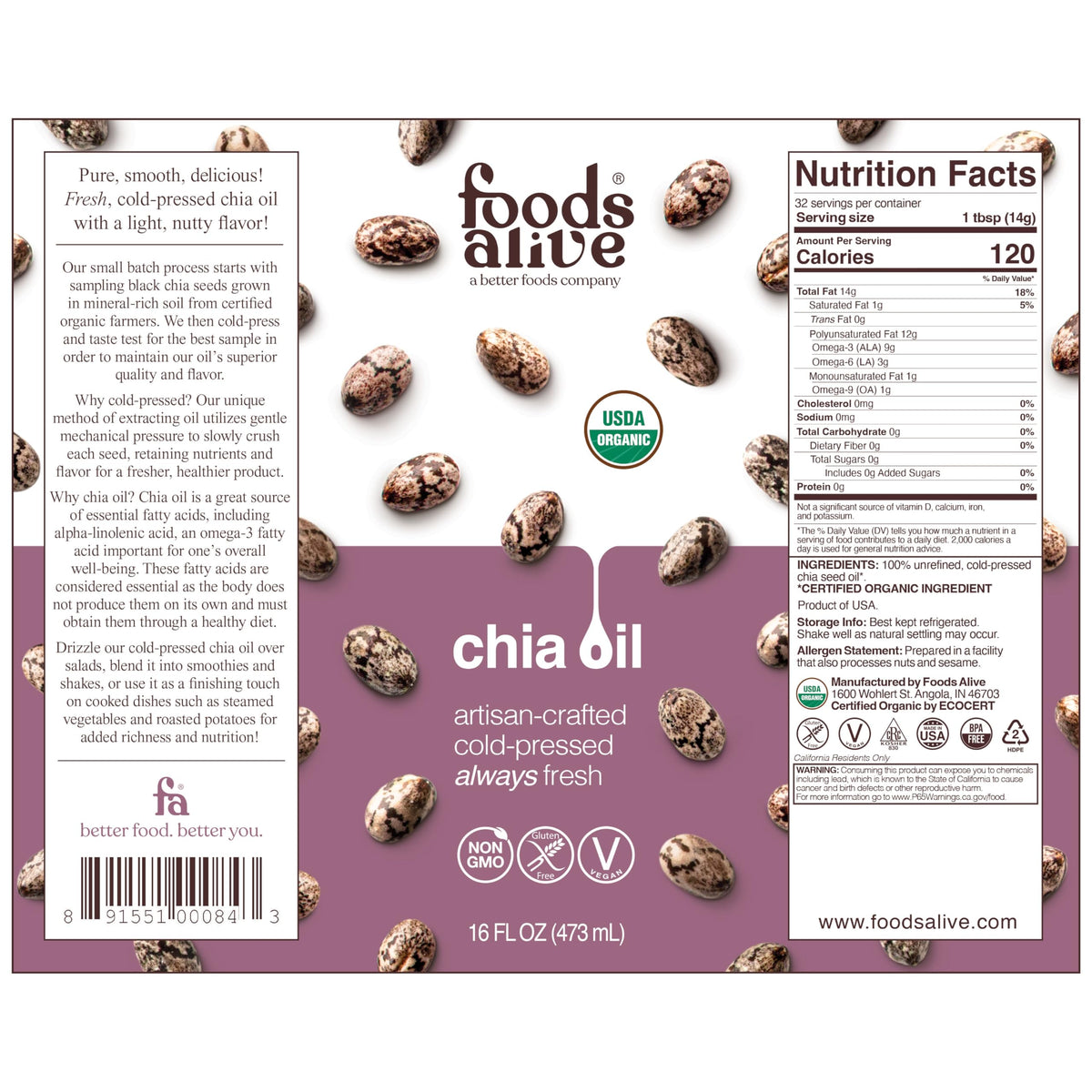 Foods Alive chia oil pour—ideal for salads and skin nourishment.
